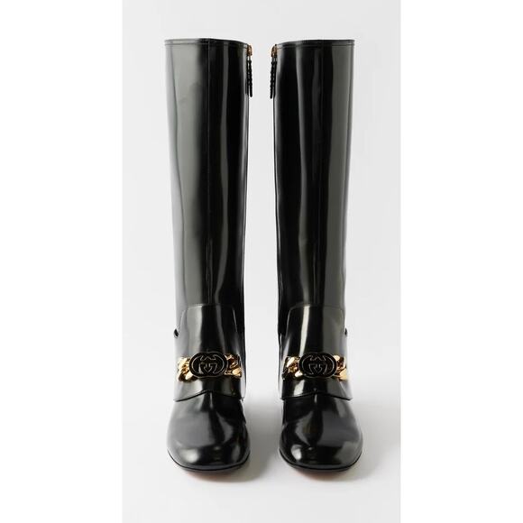 Gucci Interlocking GG Chain Patent Leather Knee Boots - Picture 8 of 16